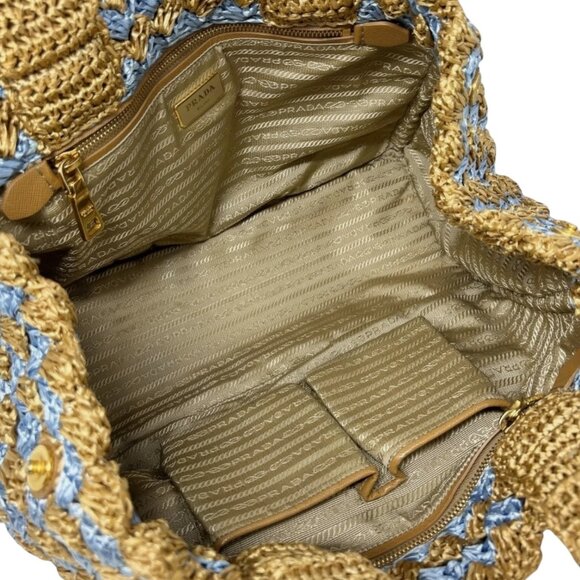 PRADA Vintage Logo Raffia Tote Bag Stripe Blue Beige Polyethylene Snap [105516] - Picture 12 of 14